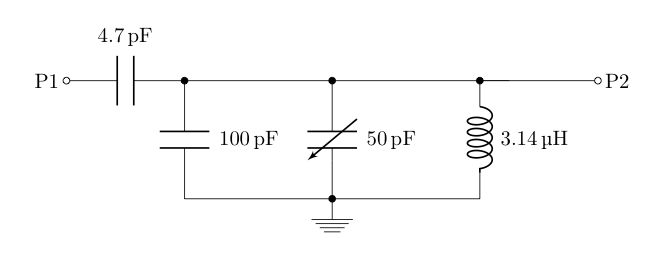 An input signal (P1) feeds into a 4.7 pF coupling capacitor and then into the output signal (P2). A 100 pF capacitor, variable 50 pF capacitor, and 3.14 uH inductor sit in parallel between the coupling capacitor and ground.