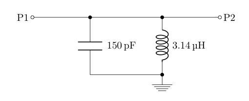 An input signal (P1) feeds into an output signal (P2). A 150 pF capacitor and 3.14 uH inductor sit in parallel between the output signal and ground.