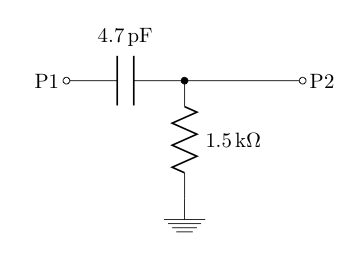 An input signal (P1) feeds into a 4.7 pF capacitor and then into the output signal (P2). A 1500 ohm resistor sits in parallel between the capacitor and ground.